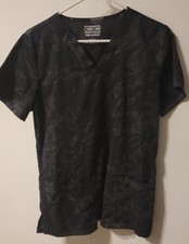 Cherokee Womens Workwear Scrub Top Sz Small Black Camo Pockets Core Stretch