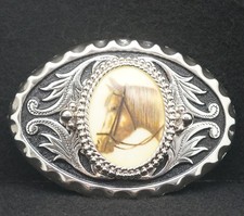 WE09173 NOS FANTASTIC VINTAGE 1970s HORSE HEAD SILVERTONE ARTWORK BELT BUCKLE