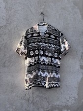 Vintage 1960s Polynesian Barkcloth Hawaiian Button Up Shirt L Ivory Brown 60s