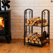 Firewood Log Rack with Fireplace Tools, 2 Tier Metal Log Store Indoor Outdoor