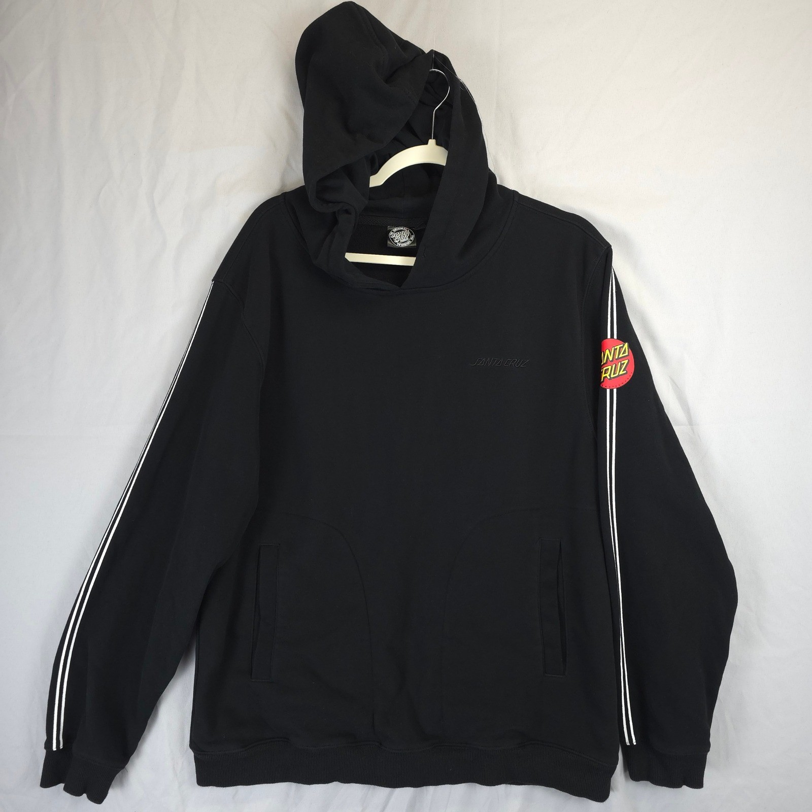 Santa Cruz Hoodie Men L Black Spell Out Logo Stripe Sleeve S