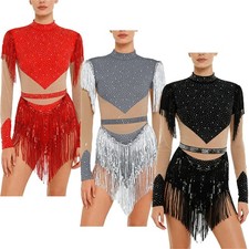 Women Rumba Ballroom Dance Leotard Long Sleeve Fringe Sparkly Bodysuit Clubwear