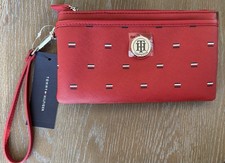 Tommy Hilfiger Red Wristlet Clutch Silver TH Logo Dual Zipper Compartments New