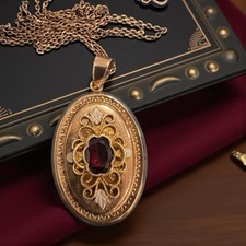 Antique Garnet Pendant Necklace 835 Silver Gold Plated-Handcrafted Ornate Design