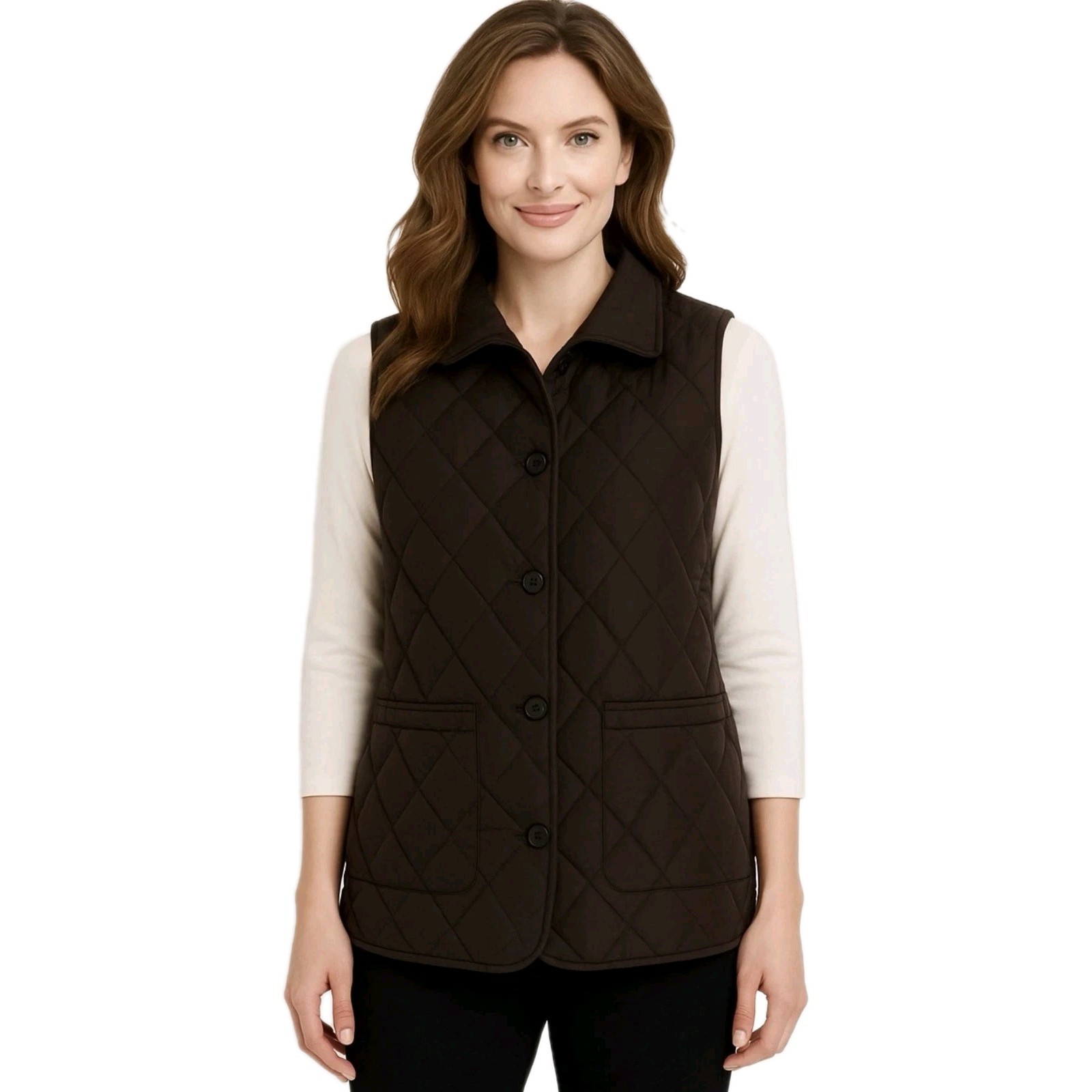 Lafayette 148 Quilted Brown Vest Button Front Women's Medium Pockets Outdoor