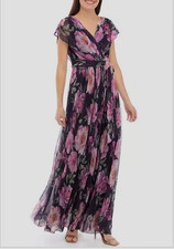 Eliza J Extended Draped Shoulder V-Neck Gown with Sash  Sz 2  $228   *1309