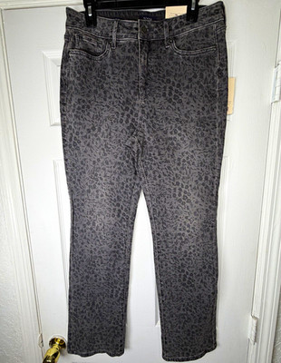 NYDJ Lift Tuck Gray Leopard Print Straight Mid Rise Stretch 5-Pocket Jeans 10