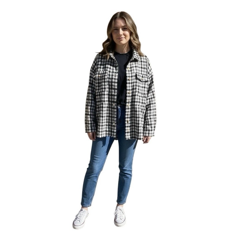 Women’s Umgee Tweed Plaid Black And White Oversized Shacket - Jacket Size Large