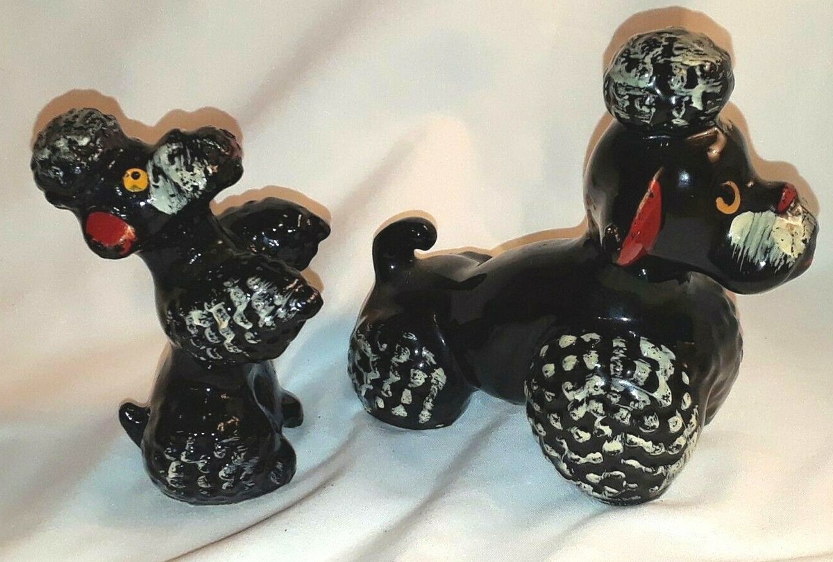 Black poodle dogs and pups redware figures with chain Vintage 50's