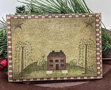 Primitive Handmade Vintage Postcard  5”x7” Canvas Plaque Saltbox House Sheep
