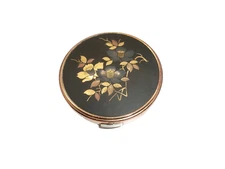 Vintage Crown Makeup Powder Compact Damascene Flowers and Leaves Gold and Black