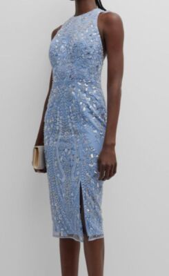 $468 Dress The Population Women Blue Emme Floral Beaded Bodycon Midi Dress Sz S