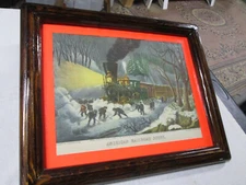 CURRIER & IVES AMERICAN RAILROAD SCENE PRINT & ANTIQUE FRAME (16 1/2" BY 13 1/2"