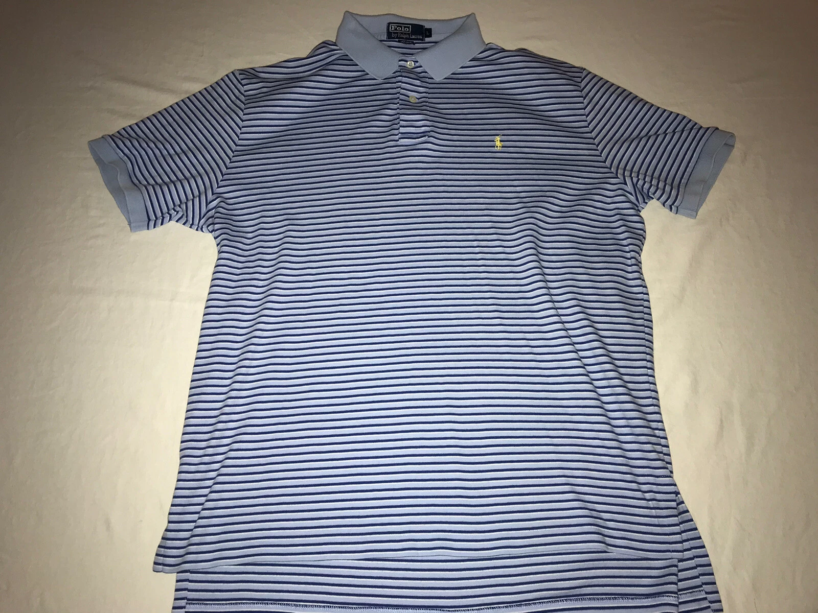 POLO RALPH LAUREN Blue/White Stripedsoft Cotton Polo Golf Shirt Large EUC!