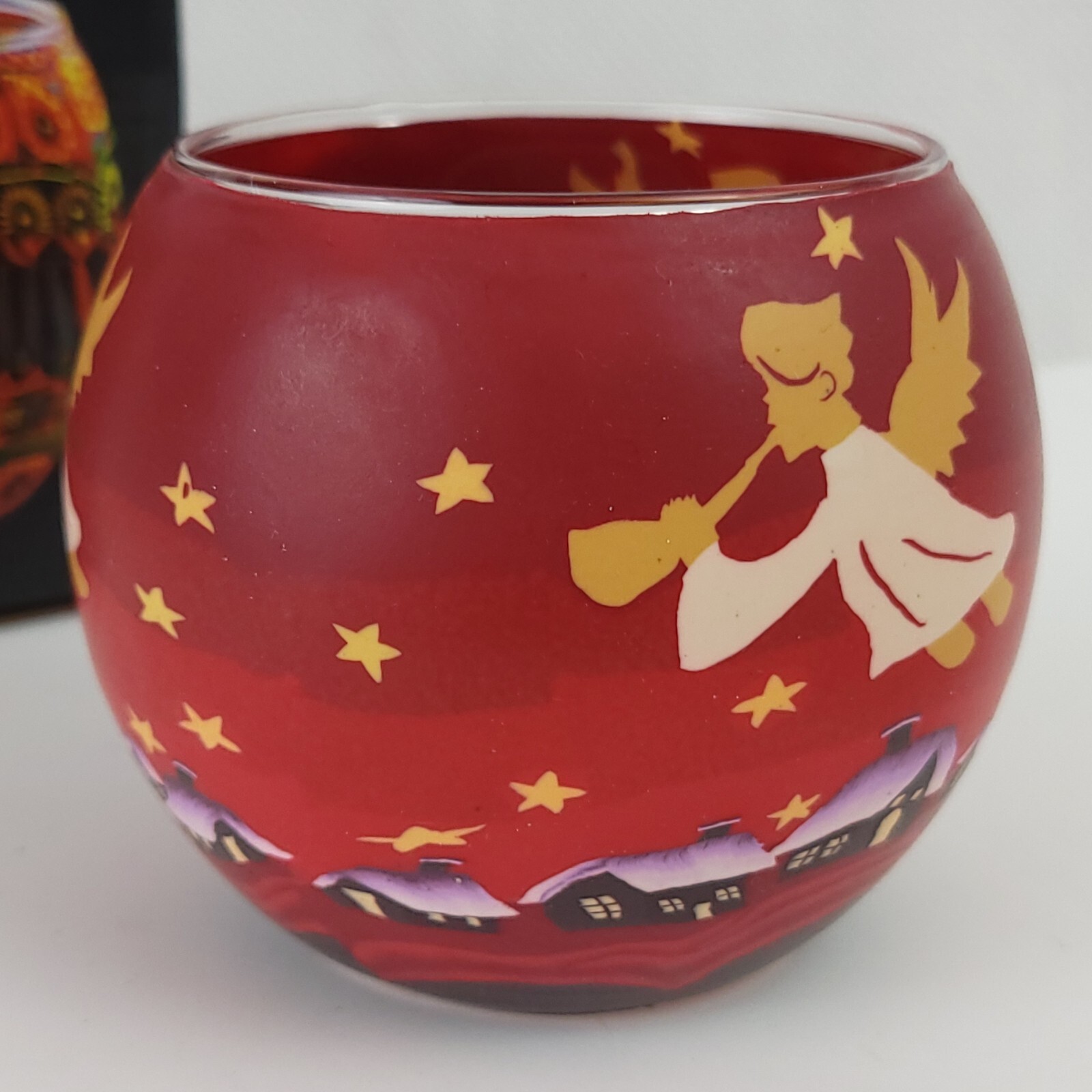 LEUCHTGLAS Painted Glass Candle Holder Germany, Angels Heralding, Dawn