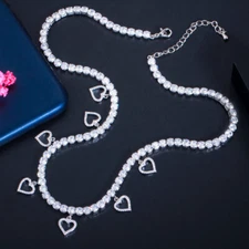 Silver Plated Round CZ Heart Charm Tennis Dangle Chain Necklace for Women Party