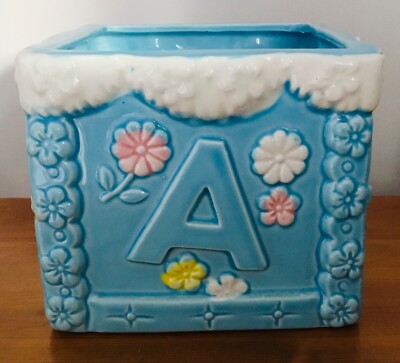 Kitsch Taiwan Baby Shower Kinderzimmer Übertopf Keramik Ornament Alphabet Teddy blau