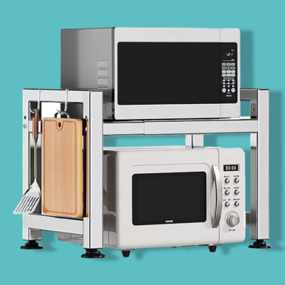 Extendable Microwave Oven Rack 2-Tier Adjustable Stainless Steel with Hooks