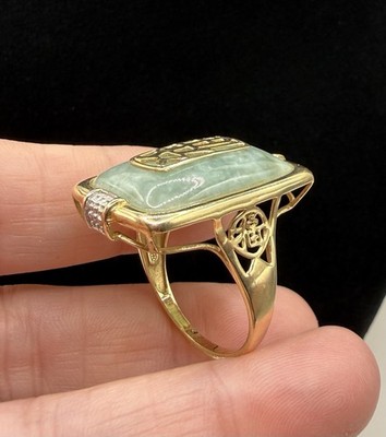 14K Yellow Gold Chinese Good Luck Fortune Symbols Green Jade Sz 9.5 Ring 8.7 Gr