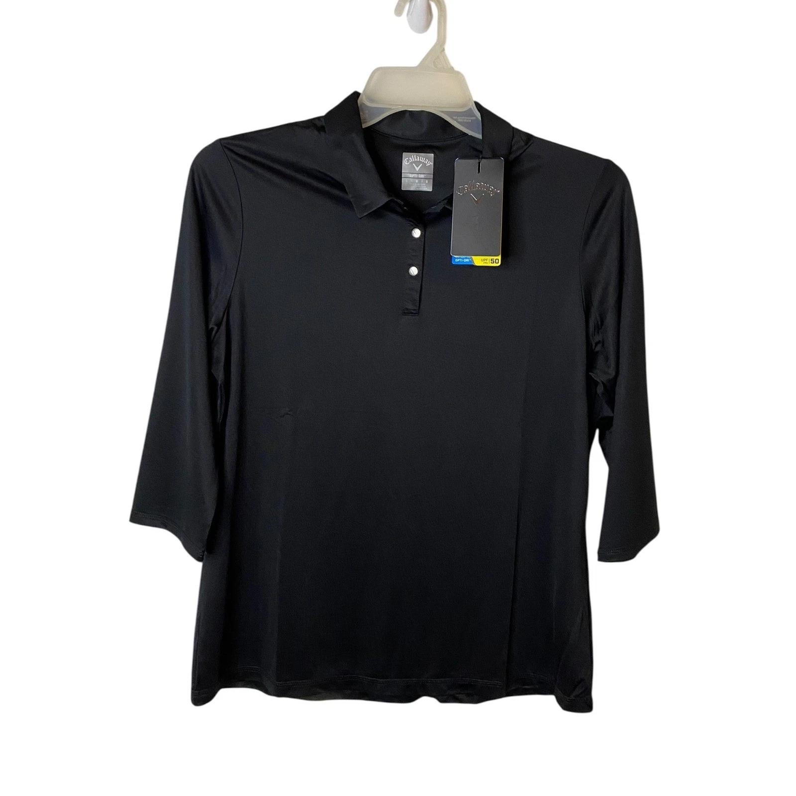 Callaway Mens Opti-Dri Golf Polo Black UPF 50 3/4 Sleeve Size Large NWT New