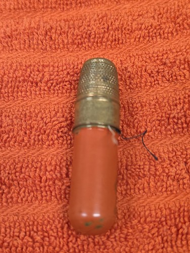 Antique BRASS Thimble Needle Mini Travel SEWING KIT 2" tall GERMANY