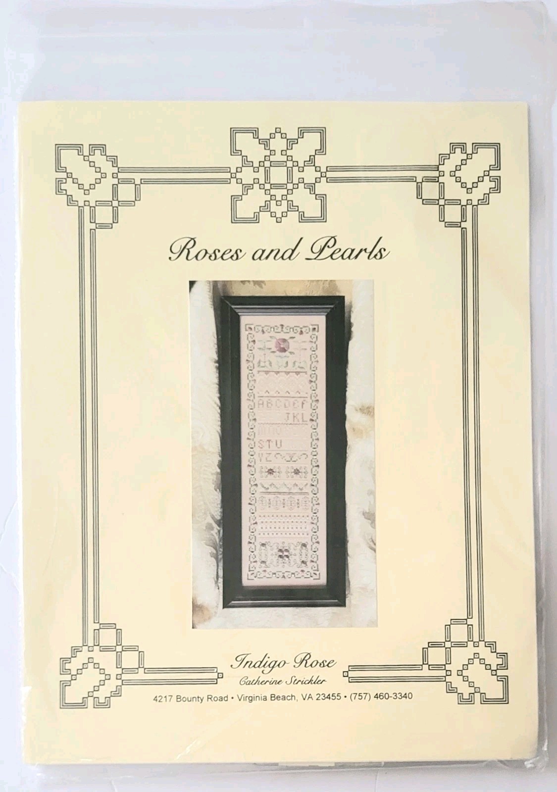 INDIGO ROSE ROSES AND PEARLS SAMPLER CROSS STITCH CHART & GLASS BEADS- NEW