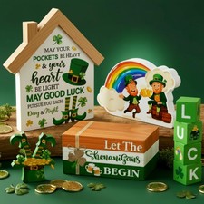 10 Pcs St. Patrick's Day Table Sign Wooden Shamrock Lucky House Irish Lucky Bloc