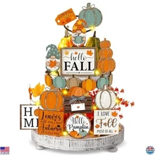 21 Pcs Fall Tiered Tray Decor Set - Pumpkins, Gnomes, Leaves, Harvest Signs