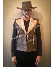 Distressed Clint Handcraft Real Fur Eastwood Man with no Name Brown Leather vest