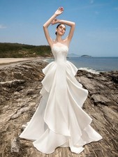 Stylish Strapless Sweetheart Ruffled Lace-Up Back & Flowy A-Line Wedding Train