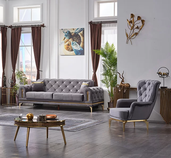 Luxus Sofa 3 Sitzer Mit Sessel Couchgarnitur Wohnzimmer Chesterfield Grau-image