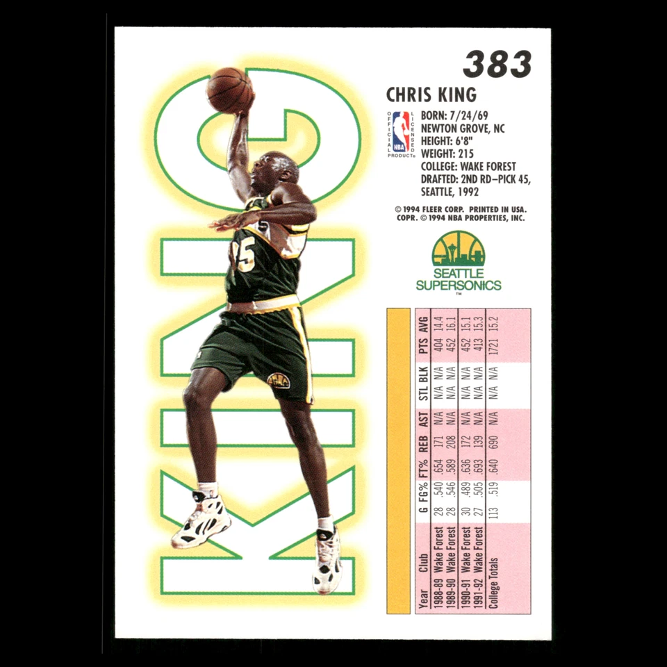 Chris King Rookie #383 1993-94 Fleer Seattle SuperSonics Basketball Card NBA - Image 2 of 3
