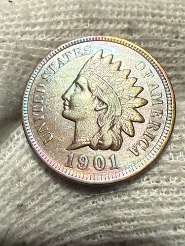 1901 Indian Head Cent Penny, Lustrous Choice AU+ RB Toned