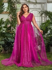 Faeriesty Sz 2XL Deep V Neck Sequin A Line Cape Dress - Fuchsia Formal