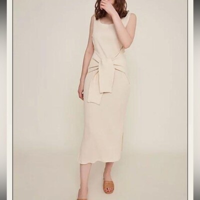 Rita Row Women s Small Gabriela Ribbed Tie Belt Midi Dress Cream Minimalist
