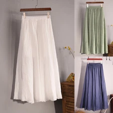 Womens Lady Boho Cotton Linen Pleated Maxi Long Beach Skirt Vintage Casual Dress
