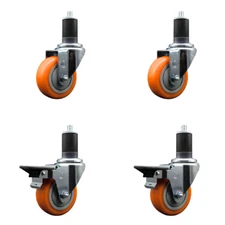 3.5 Inch Orange Poly Wheel Swivel 1-5/8 Inch Expanding Stem Caster Set 2 Brakes