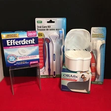 Denture Bath White Cup Container, Denture Tablets, Kit, Brush Bundle / Retainer