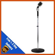 Silver Retro Round Base Mic Stand with 50s Style Dynamic Microphone Musician Gig