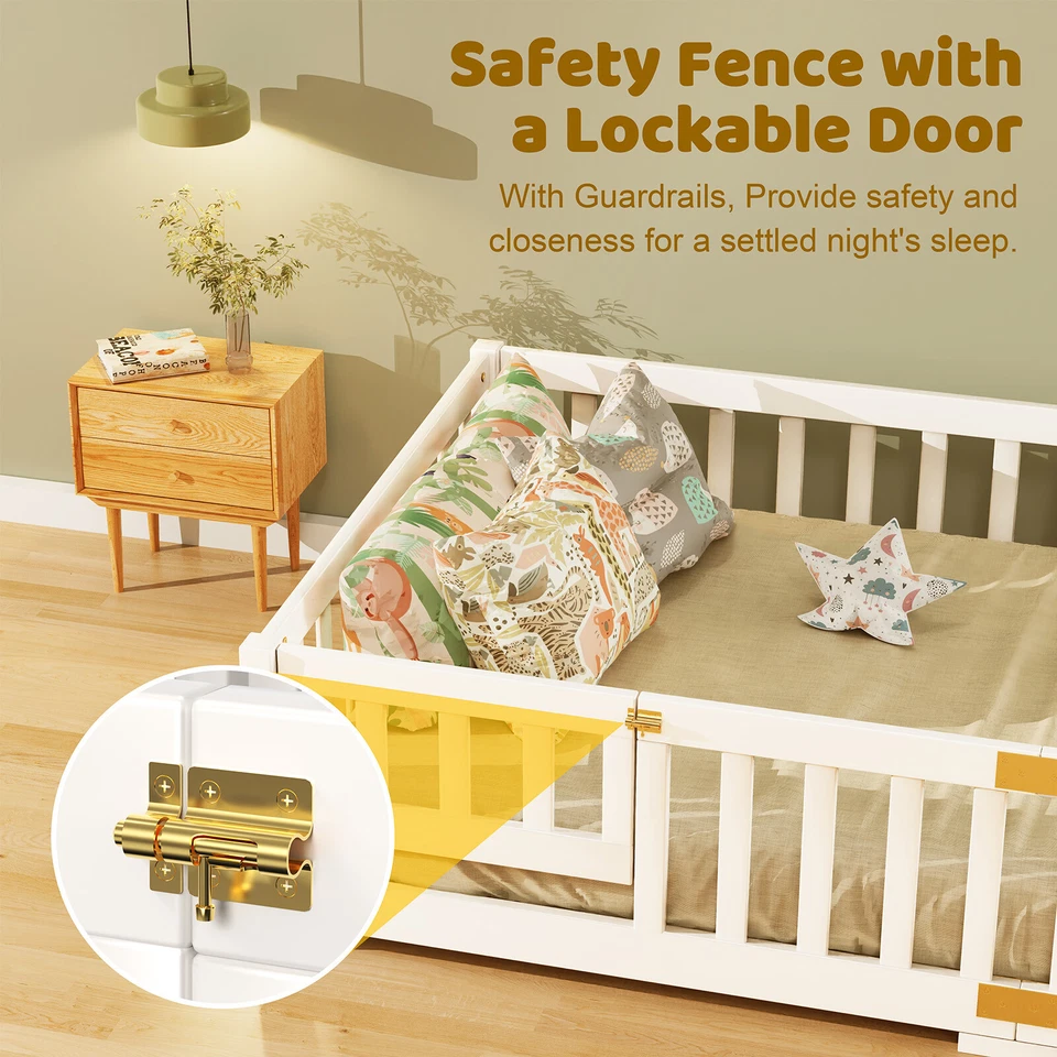 Cama de piso para niños pequeños tamaño doble SLSY, marco de cama Montessori de madera maciza con puerta cerca Foto 4 de 4