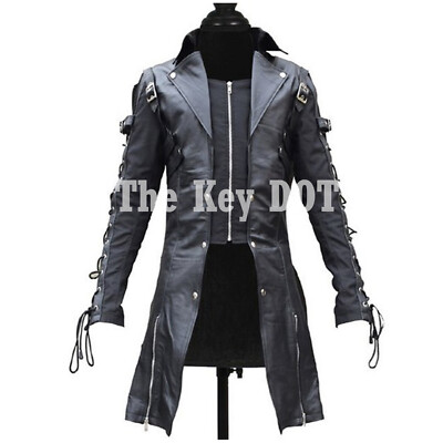 Men Gothic Leather Coat ALT Black Real Leather Vampire Cosplay Goth ...