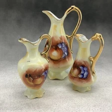 Bud Vases Mini Pitcher Porcelain w/ Fruit Pattern Gold Trim Set of Three