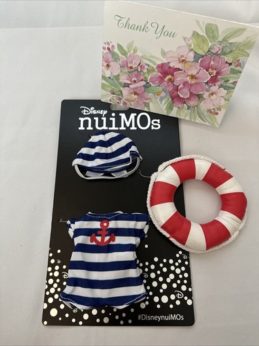 NEW Disney nuiMOs Japan summer outfit Swimsuit Blue Stripe Swim Cap pool float