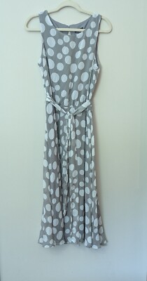 NWT JBS Womens Fully Lined Gray & White Polka Dot Sleeveless Midi Dress. Size 8.
