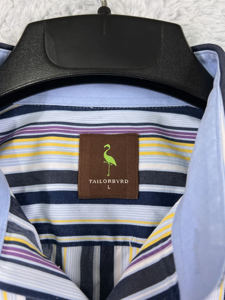 Camisa masculina TailorByrd grande azul amarela roxa listra de botão golfe 100% algodão - Imagem 3 de 4