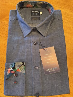 Primary Blues Long Sleeve Cotton Collared Button Up Men s Shirt Medium Slim