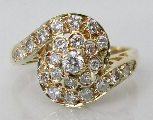 Gold Diamond Ring - 14ct Yellow Gold Multi Diamond Cluster Swirl Ring Size O 1/2 - Picture 1 of 12