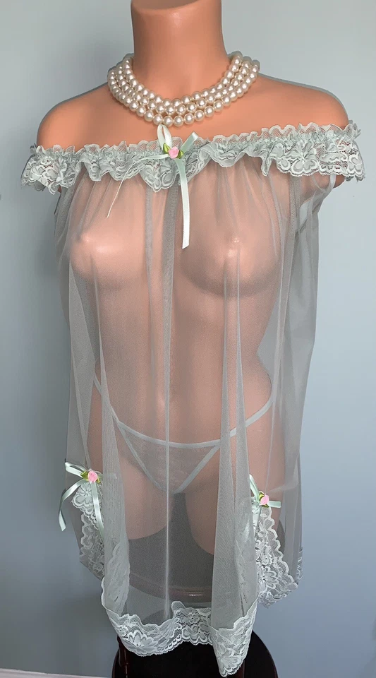 全新 Frilly Lacy Nightie 婴儿娃娃 Negligee XL 内裤缎带 雪纺透明 — 第 2/4 张图片