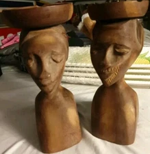Vintage Haitian Wooden Sculptures Pair Candlestick Holders Ashtrays man/woman