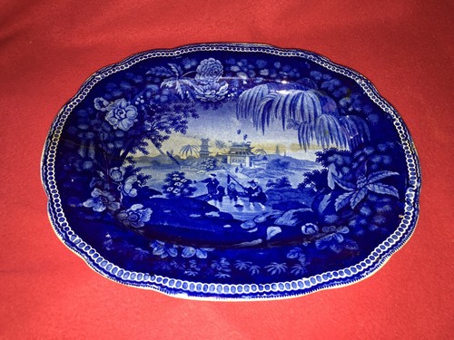 LNRT1 Staffordshire dunkelblau Transferplatte orientalische Pagode Szene Holz 1825 - Bild 5 von 7